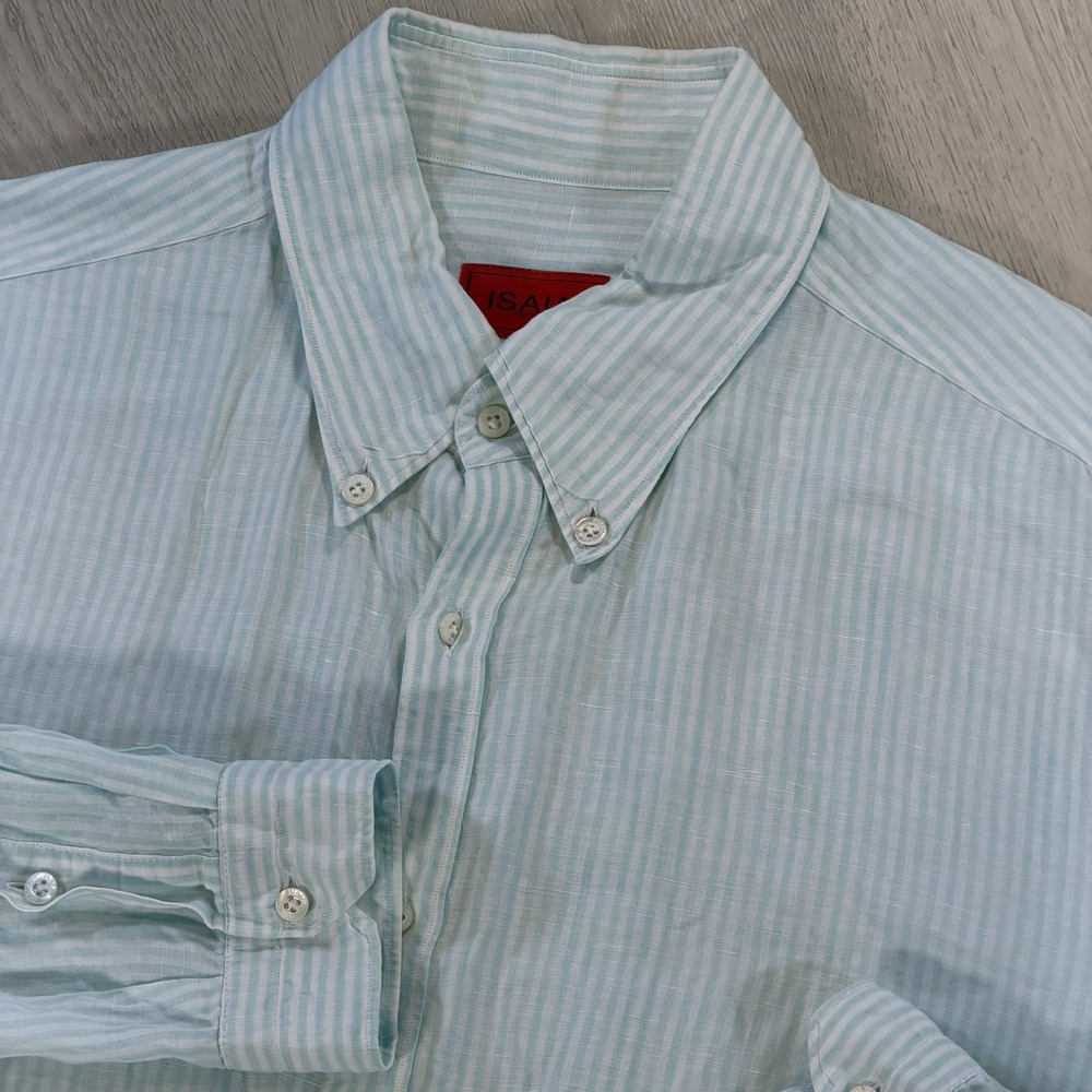 Isaia Napoli Mens Blue White Striped Shirt 17 .5 44 Made in Italy Linen Blend